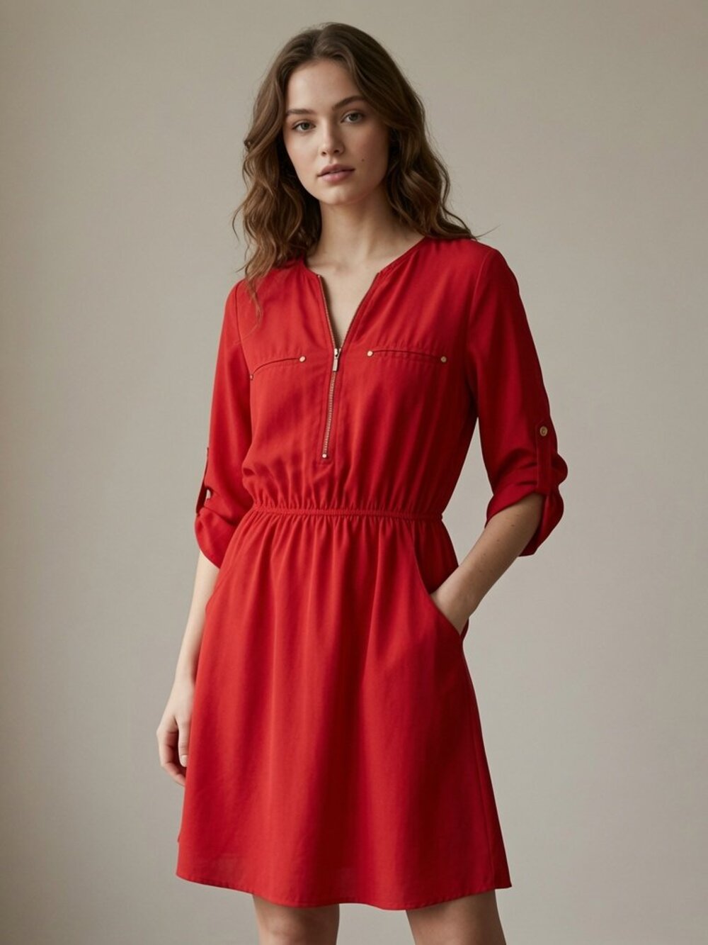 Speed Control Red Zip Front Roll Tab Sleeve Dress Elastic Waist Size S